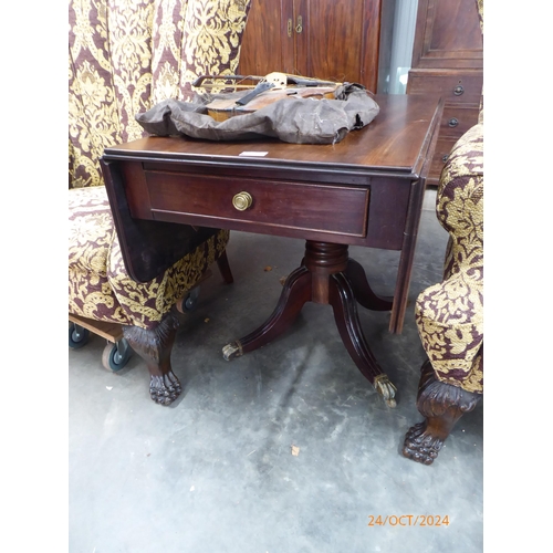 2172 - Early 19th Century drop leaf Pembroke centre pedestal mahogany table with two end drawers and castor... 