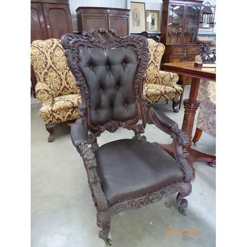 2174 - An over sized 19th Century Bavarian carved wood throne chair, with buttoned back and padded seat