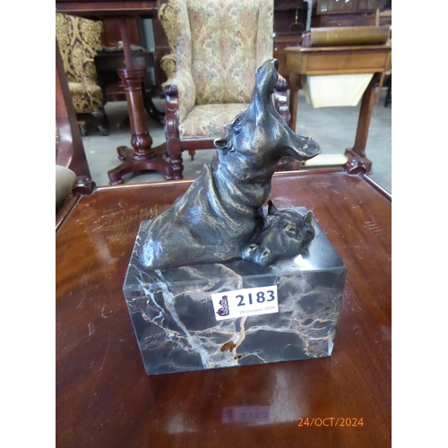 2183 - A bronze of two hippos in water, on marble plinth signed Milo