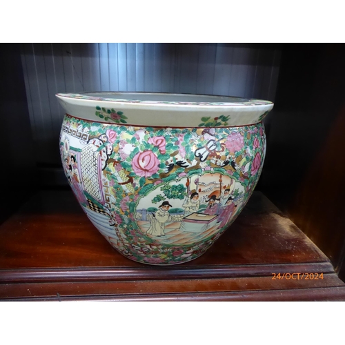 2208 - A large Chinese jardinière pot with goldfish to interior