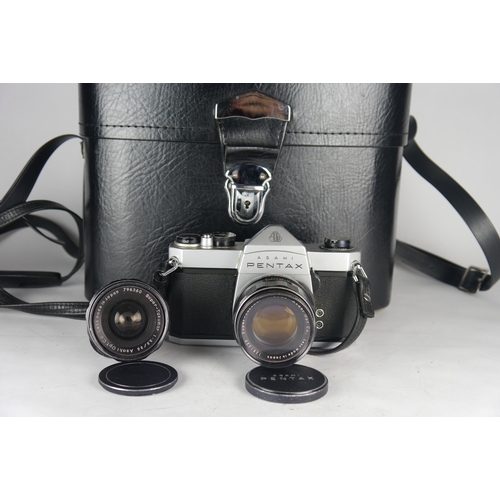 6046 - A cased Pentax SP 500 35mm SLR film camera w/ Two Asahi Opt Co lenses 55mm & 35mm