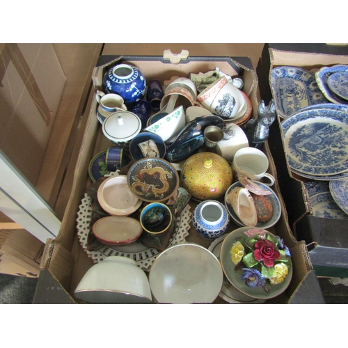 1486 - A box of assorted items, mainly ceramics including cloisonne napkin rings, Poole dolphin, tea wares ... 