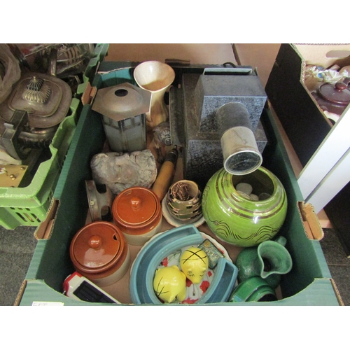 1500 - A box of mixed including Green & Co and Sylvac jugs, hexagonal lantern, plaster head of a classical ... 