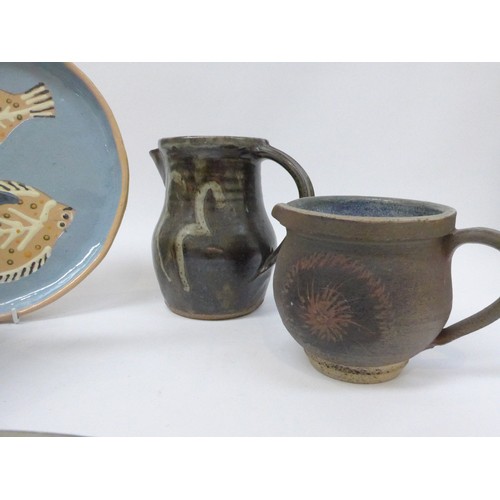 7226 - A collection of studio pottery including Susan Davy teapot, a wax resist bowl, unmarked jugs etc. Bo... 