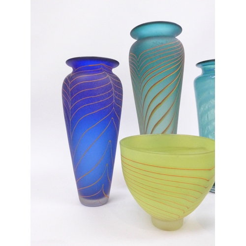 7242 - A collection of Shakspeare Glass - Three large signed studio art glass vases and two similar bowls, ... 