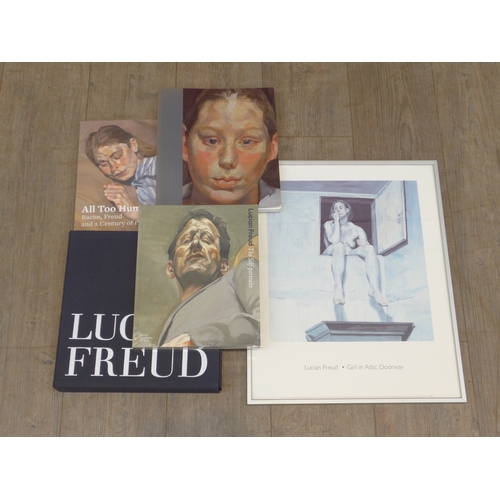 7571 - A framed Lucian Freud print “Girl in attic doorway” , and 4 large Freud books including deluxe book ... 