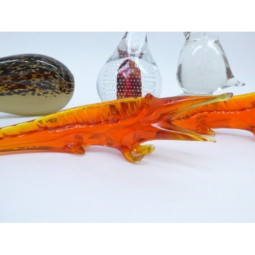 7259 - A Wedgwood glass whale paperweight , contemporary signed Polish glass paperweight , two orange glass... 