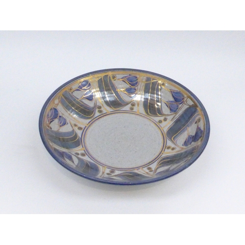 7063 - A David Morris large studio pottery bowl with abstract gold decoration , potters mark and gallery la... 