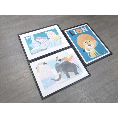 7581 - Two Laura Fiume framed art prints of a tiger and an elephant along with a Swedish framed Lion print ... 