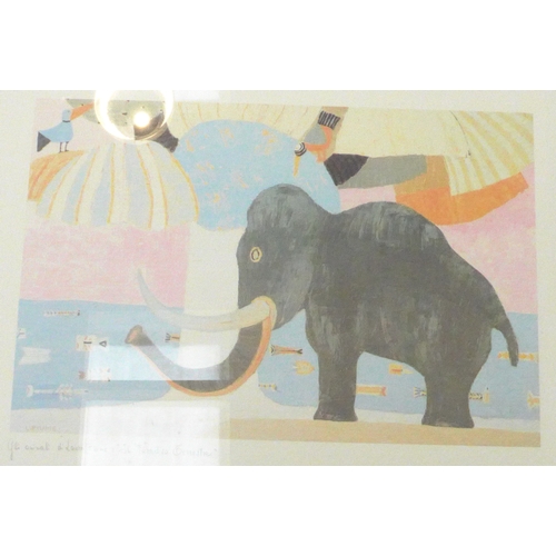 7581 - Two Laura Fiume framed art prints of a tiger and an elephant along with a Swedish framed Lion print ... 