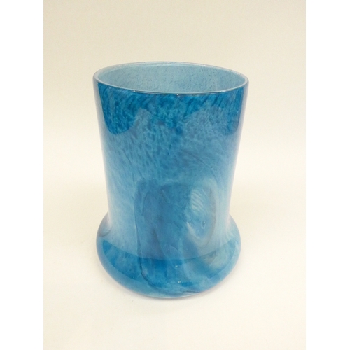 7269 - An art glass large signed art glass vase with blue wave form design, signed to base. 20.5cm 