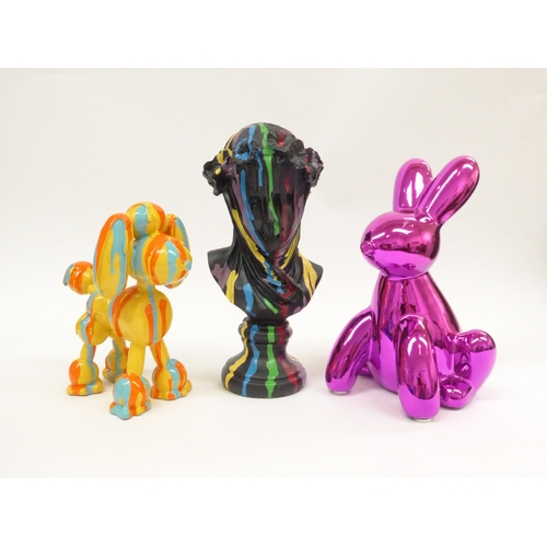 7606 - Three contemporary art sculptures including paint drip decorated balloon dog, a similar Madonna figu... 