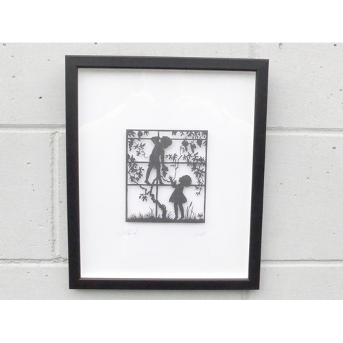 7553 - A framed laser cut art print titled “Childhood”, indistinctly signed, 34cm x 28cm