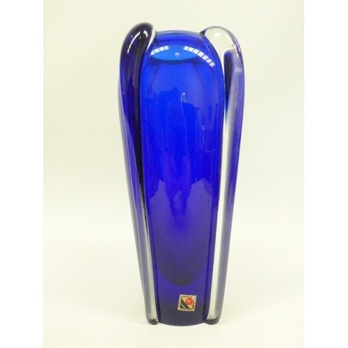 7243 - A Svobuda Karlo large Czech Republic blue art glass vase with original label. 27.5cm high