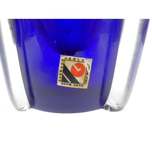 7243 - A Svobuda Karlo large Czech Republic blue art glass vase with original label. 27.5cm high