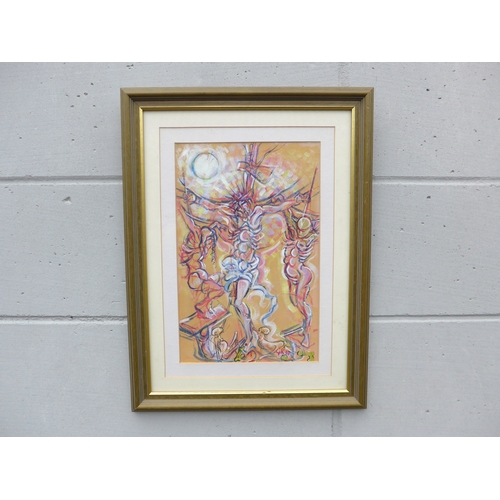 7622 - A framed stylised original political painting of the crucifixion of the FTSE initialled GR and dated... 