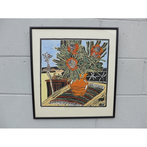 7572 - JUDE TAYLOR (XX) A framed limited edition lino print “Banksia” signed and dated 1990 and numbered 9 ... 