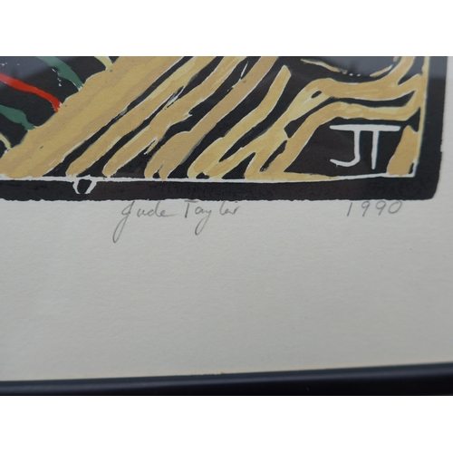 7572 - JUDE TAYLOR (XX) A framed limited edition lino print “Banksia” signed and dated 1990 and numbered 9 ... 