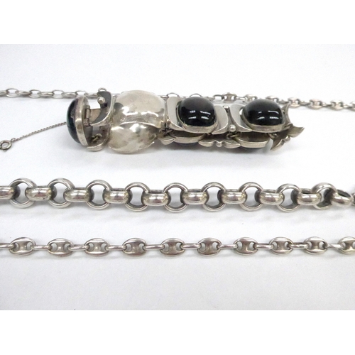 7356 - A Mexican silver panel bracelet, silver coffee bean link necklace and a large link bracelet stamped ... 