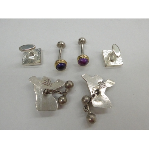 7328 - A pair of Mexican silver cufflinks as female torsos and two other pairs