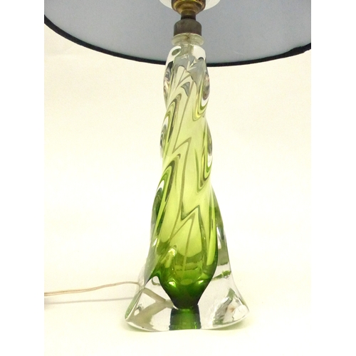 7296 - A 1950's Val St Lambert green twisted glass lamp base with shade, etched mark to base overall height... 