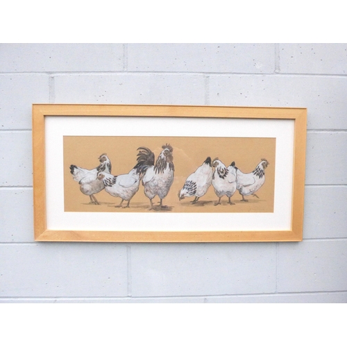 7612 - HARRIET MEAD (b.1969) A framed and glazed ink and wash of chickens. Signed. Image size 30cm x 83.5cm