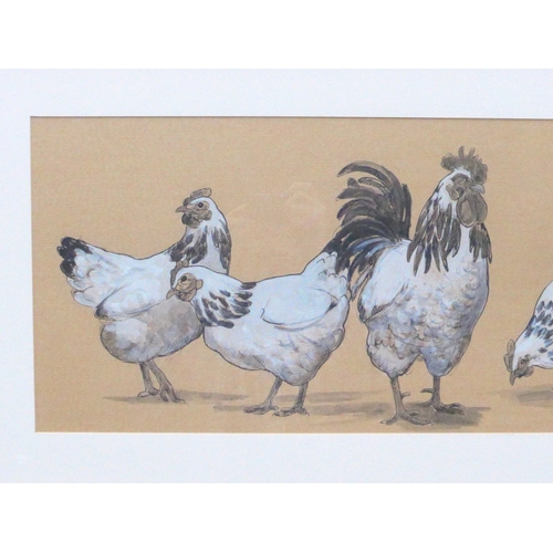 7612 - HARRIET MEAD (b.1969) A framed and glazed ink and wash of chickens. Signed. Image size 30cm x 83.5cm