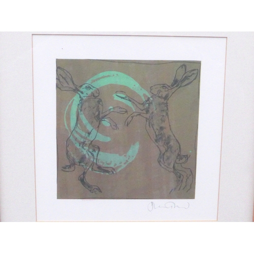 7611 - HARRIET MEAD (b.1969) A framed and glazed print of boxing hares. Signed. Image size 16cm x 16cm