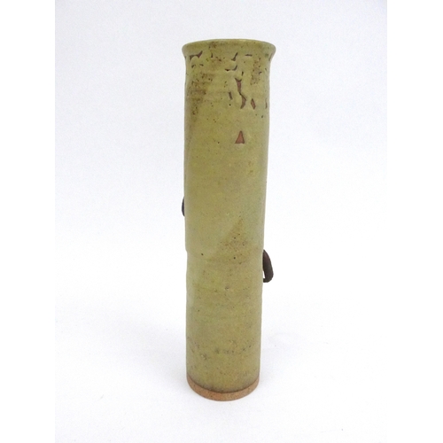 7141 - JOHN MALTBY (1936-2020) A Stoneshill pottery cylindrical vase with found iron loop handles. Impresse... 