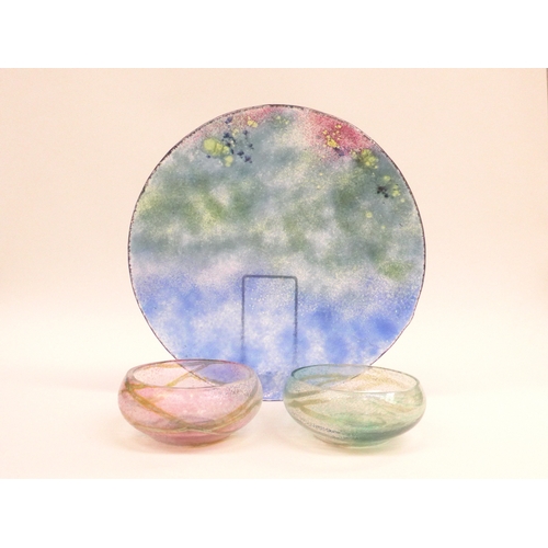 7301 - Two Okra glass 'sea spray ' dishes , various colours , label to one, 13cm diameter 5cm high. Togethe... 