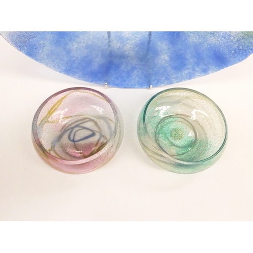 7301 - Two Okra glass 'sea spray ' dishes , various colours , label to one, 13cm diameter 5cm high. Togethe... 