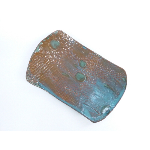 7126 - A studio pottery slab built dish with impressed motifs signed to base Kaori '99 33x21cm