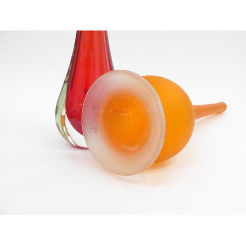 7298 - A Carlo Moretti 'Satinato' vase in orange 35.2cm high  together with a Murano red vase 29cm