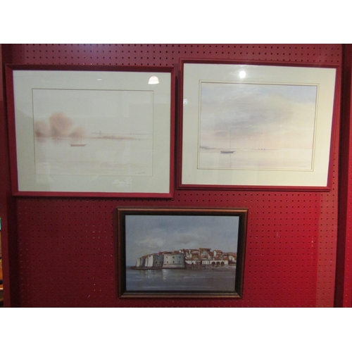 4077 - Two Pamela White watercolours of coastal scenes with an oil on board of Dubrovnik (3)