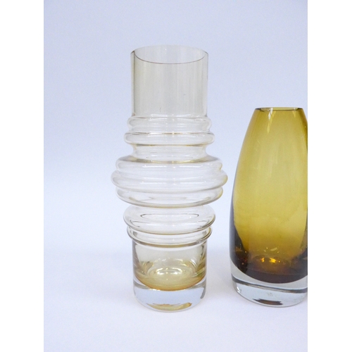 7287 - Four Riihimaki glass vases in green and amber colours including Tamara Aladin design.  Tallest 25cm ... 