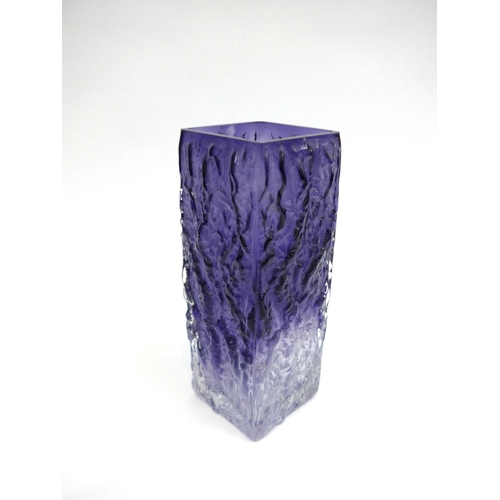 7289 - An Ingrid Morche Glass amethyst vase, square form with bark texture.  22cm high