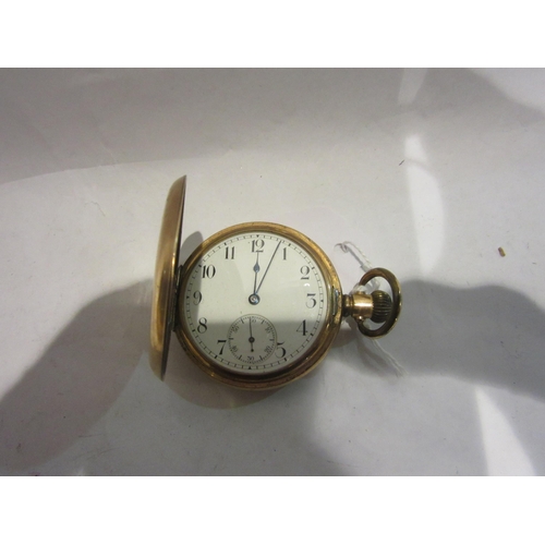 4411 - A gold plated full hunter pocket watch, Arabic numeral dial with subsidiary dial, blued hands, movem... 