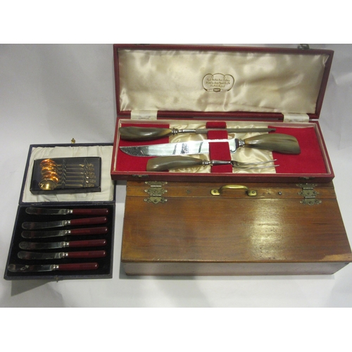 4456 - A Lewis Rose & Co cased buffalo horn carving set, Herriot butter knife set, a set of six plated coff... 