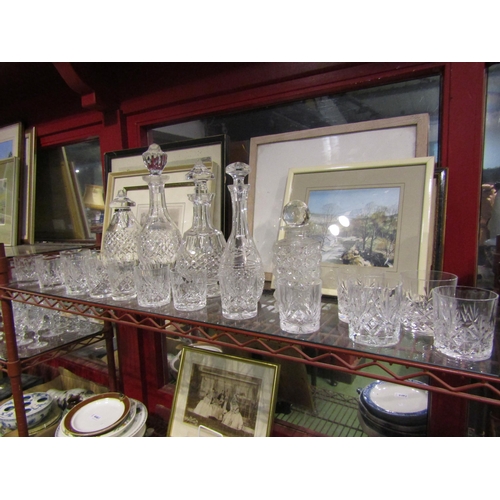 4460 - A crystal glass decanter with silver collar Birmingham. Three further decanters and hobnail cut whis... 