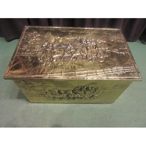 4465 - A brass coal box containing a quantity of brassware including unicorn figure, pestle and mortar, bel... 