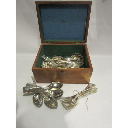 4475 - A mahogany box with plated flatware contents, spoons and forks