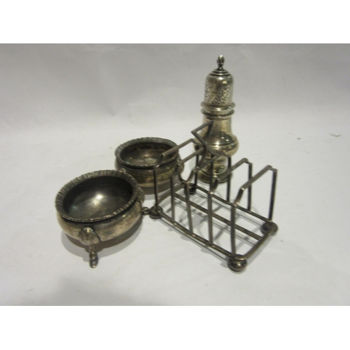 4493 - A silver toast rack 7.5cm long, a pair of William Batt & Son silver salts, Sheffield 1901 and a J B ... 