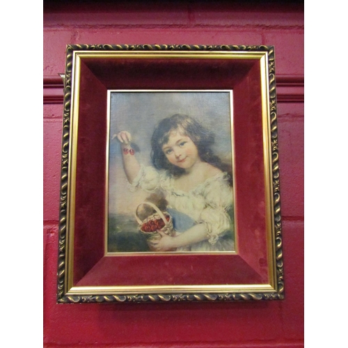 4173 - An oil on canvas of young dark haired girl with a basket of cherries. Gilt and velvet frame 32x25cm ... 