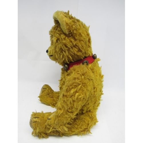 9300A - A mid 20th Century golden plush teddy bear with brown glass eyes, shaved muzzle with stitched nose a... 