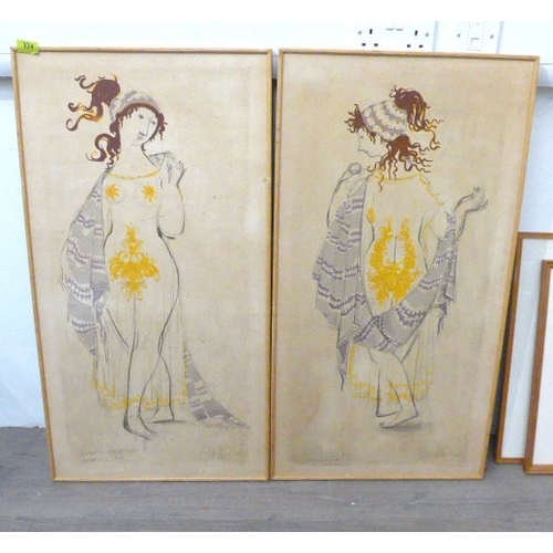 7594 - Two framed prints after Bjorn Wiinblad, female figurines. Signed in print only.  Overall size 88cm x... 