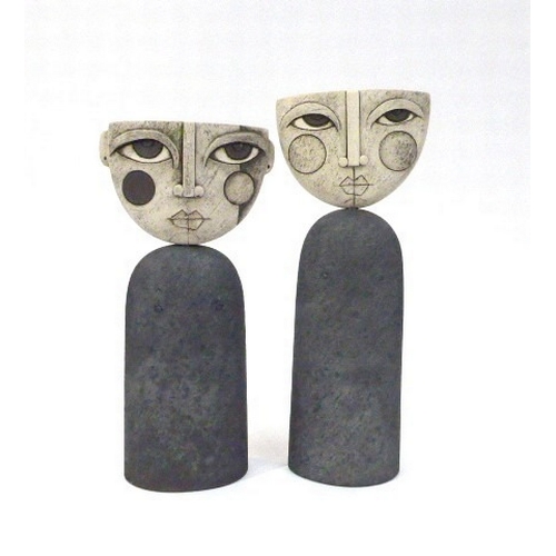 7137 - SUE HANNA (B1963) (ARR) Two Studio Pottery 'Heads' on plynth bases with stylised features marks to b... 