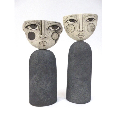 7137 - SUE HANNA (B1963) (ARR) Two Studio Pottery 'Heads' on plynth bases with stylised features marks to b... 