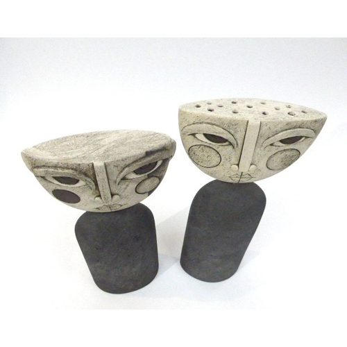 7137 - SUE HANNA (B1963) (ARR) Two Studio Pottery 'Heads' on plynth bases with stylised features marks to b... 