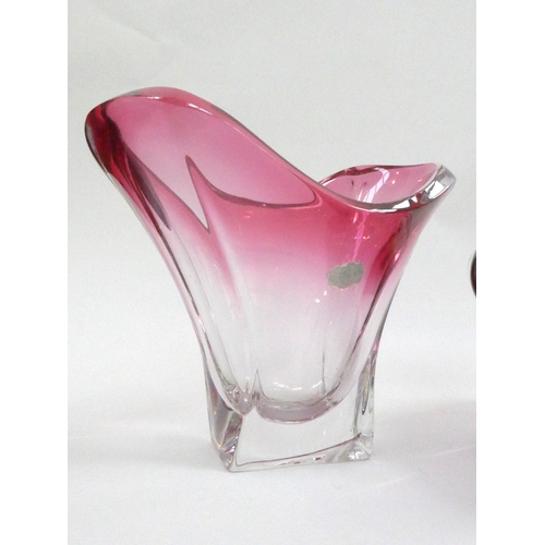 7286 - A Large Val St Lambert heavy glass vase in fading pink, label remnants and etched signature to base,... 