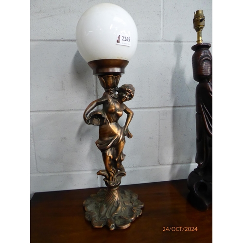 2152 - A coppered cast metal table lamp with milk glass globe shade